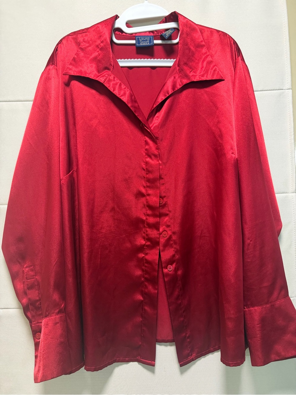 Laura Scott Red Satin Button Down Blouse Plus Size 22W Dressy Long Sleeve Top
